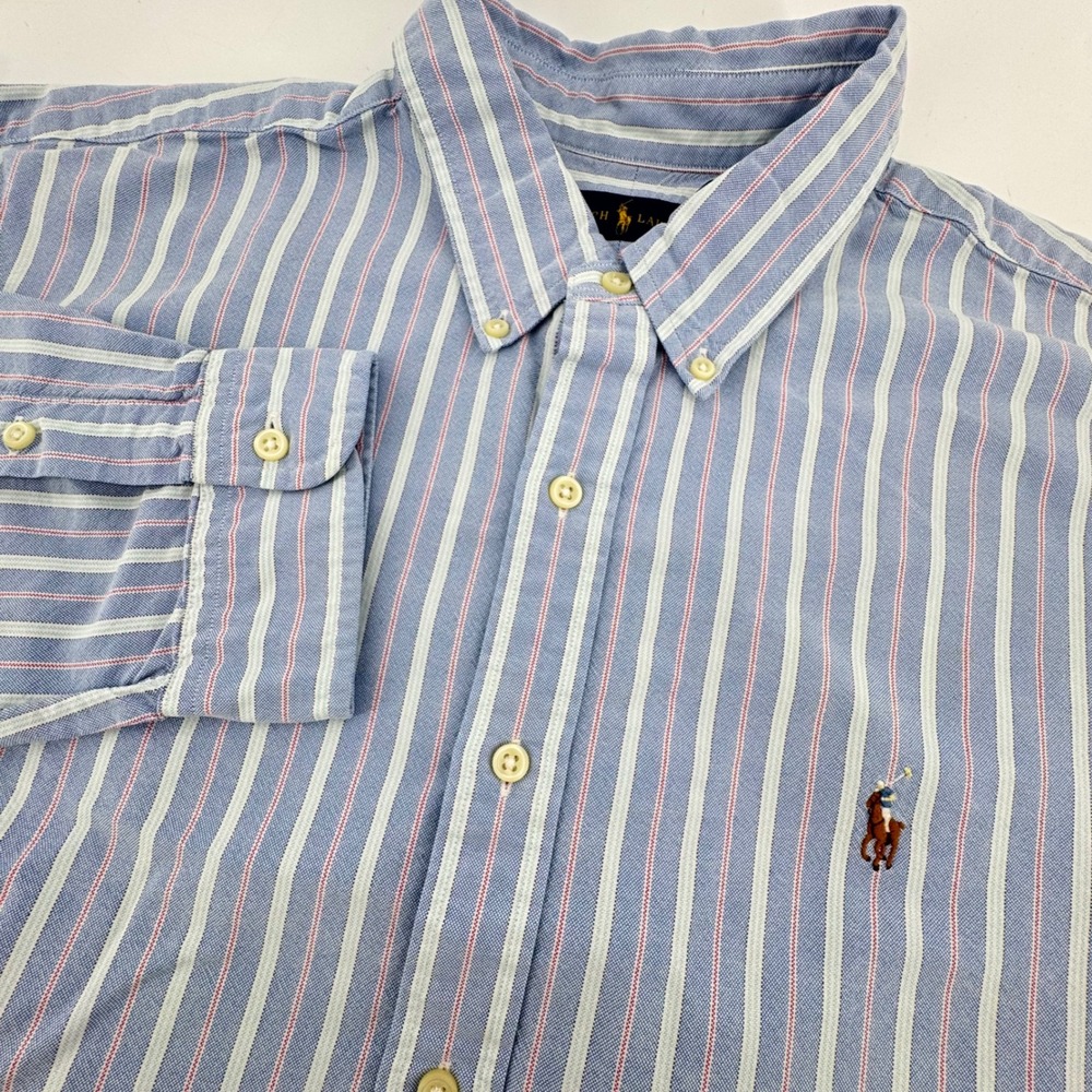 Ralph Lauren Button Down Shirt Mens XXL Blue Pink White Striped Long Sleeve Pony